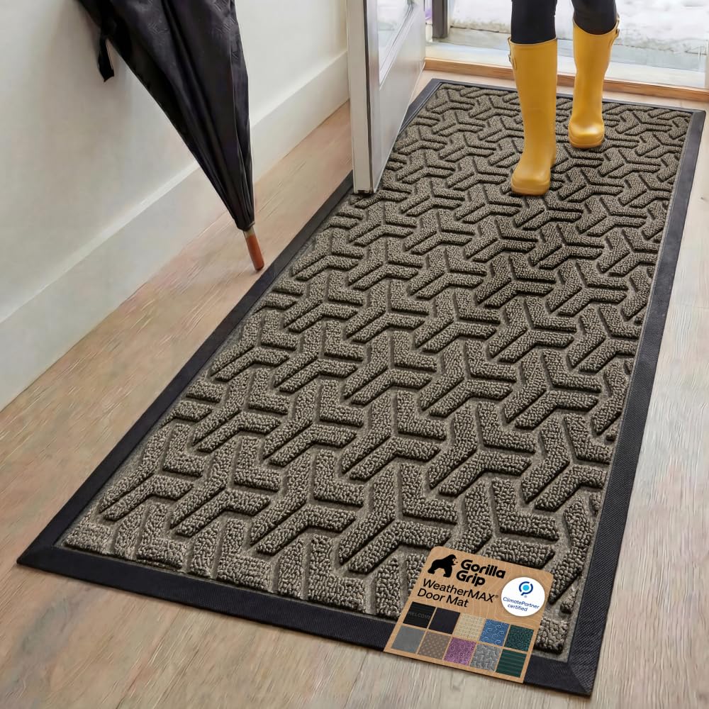 GORILLA GRIP 100% Waterproof All-Season WeatherMAX Doormat US Designed Natural Rubber, Stain Fade Resistant, Low Profile Indoor Outdoor Front Door Mats Outside Entrance, Easy Clean 29x17 Gray Diamond