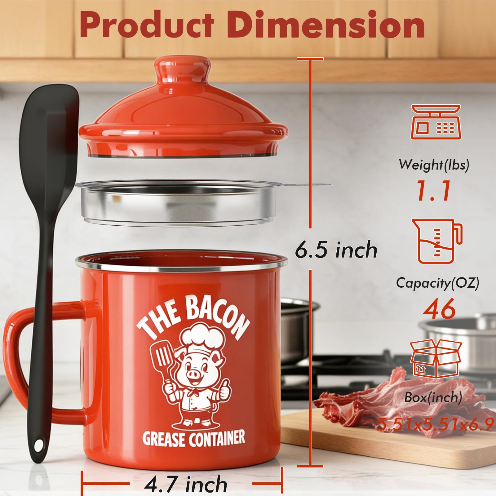 PGYARD Mini Bacon Grease Saver With Strainer - 15OZ Enamel Grease Container, Farmhouse Bacon Grease Keeper For Kitchen Fat Storage, Dishwasher Safe-Red