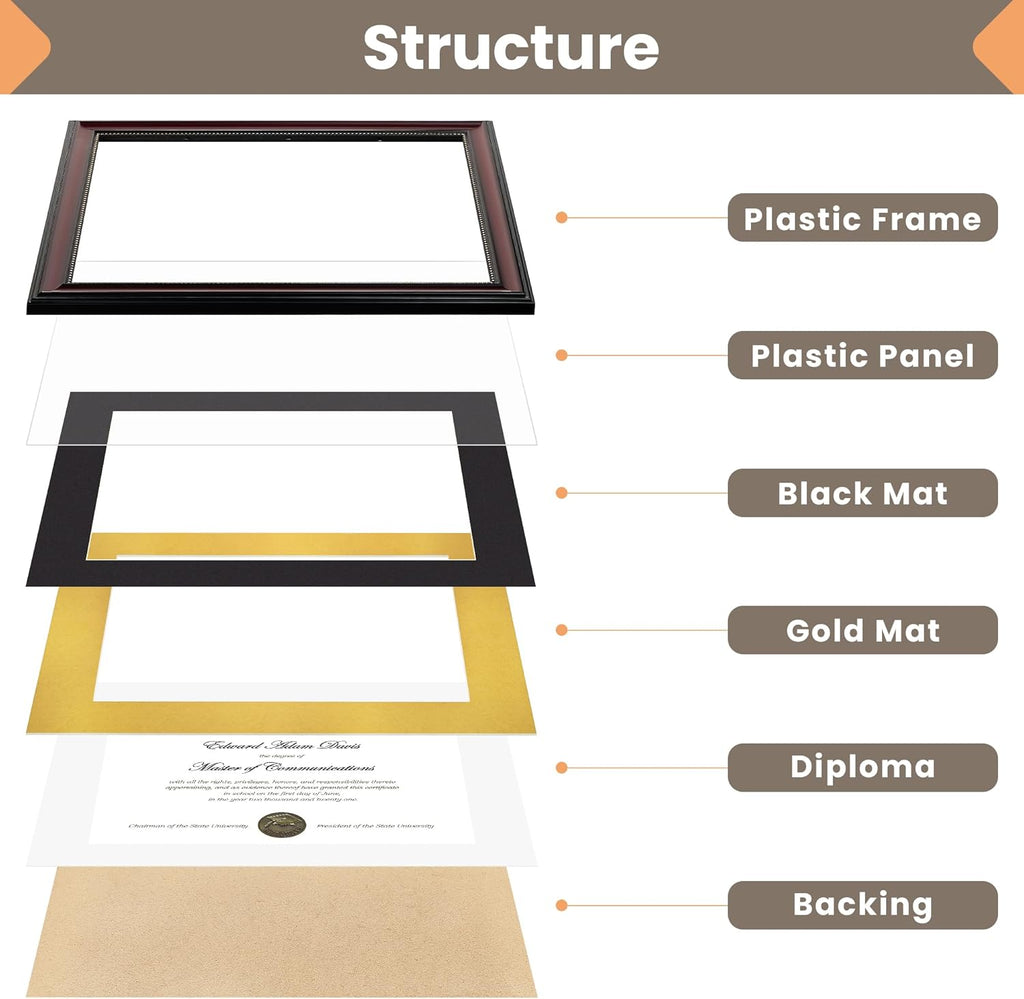 upsimples Diploma Frame 8.5 x 11 with Mat, Certificate Degree Document Frame, Displays Diploma Frame 11x14 without Mat, Classic Wood Grain with Gold Beading, Includes Black & Gold Mats, 1 Pack