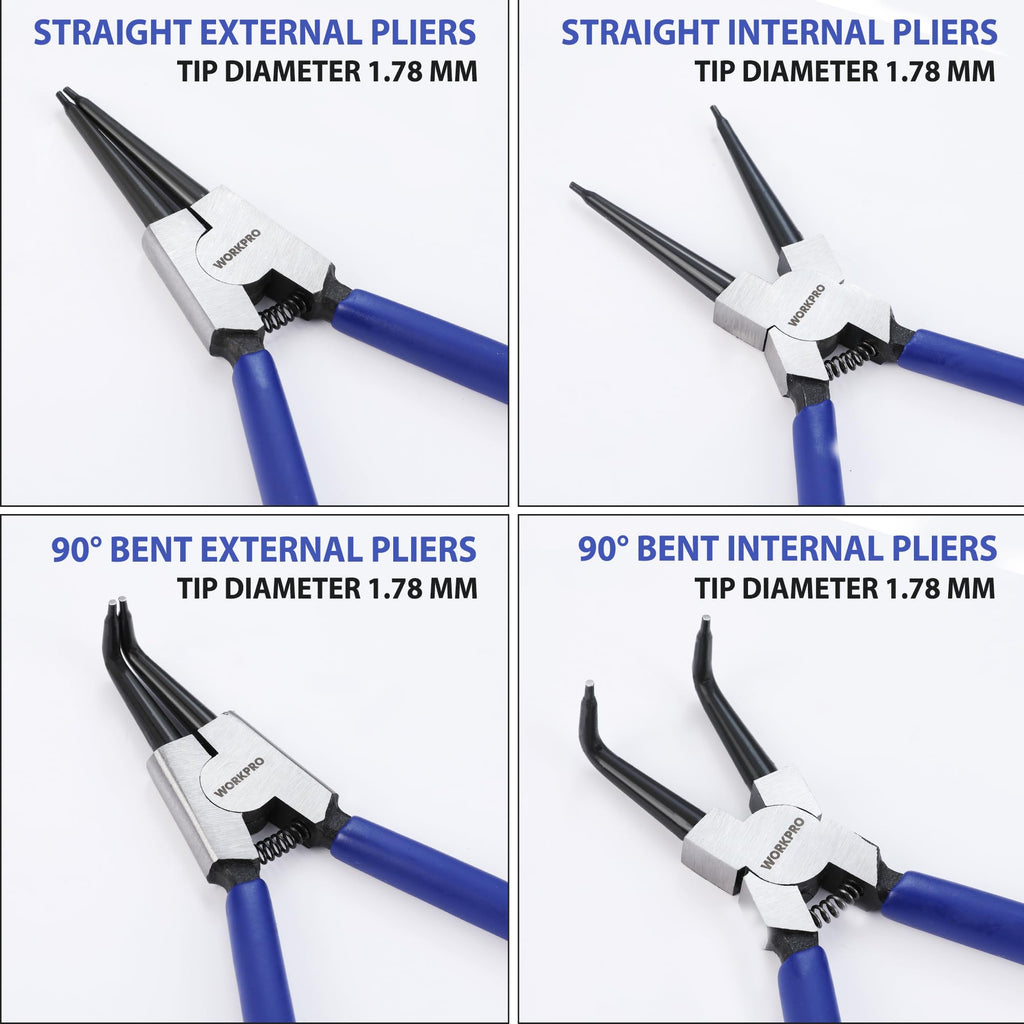 WORKPRO 4-Piece Snap Ring Pliers Set - Heavy Duty 7-inch Internal/External Circlip Pliers Kit (Tip Diameter 5/64'')-Straight/Bent Jaw - Cr-V Steel - For Ring Remover Retaining- Storage Pouch Included