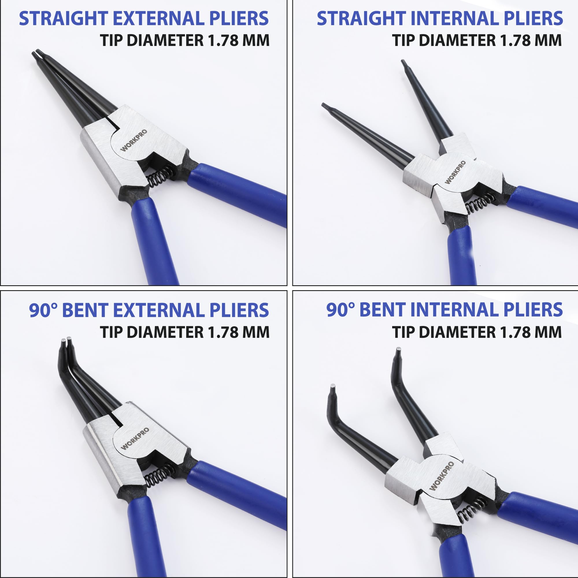 WORKPRO 4-Piece Snap Ring Pliers Set - Heavy Duty 7-inch Internal/External Circlip Pliers Kit (Tip Diameter 5/64'')-Straight/Bent Jaw - Cr-V Steel - For Ring Remover Retaining- Storage Pouch Included