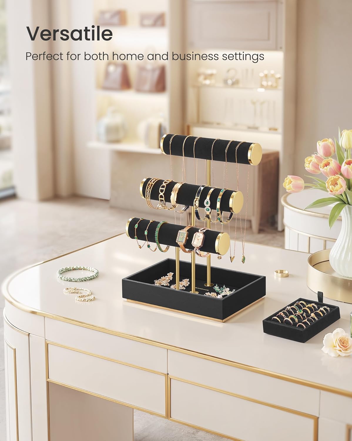 SONGMICS Bracelet Holder Stand, Jewelry Display Stand, Jewelry Organizer, with 3 Tiers and Velvet Tray, Removable Ring Holder, Ink Black UJJS027B01
