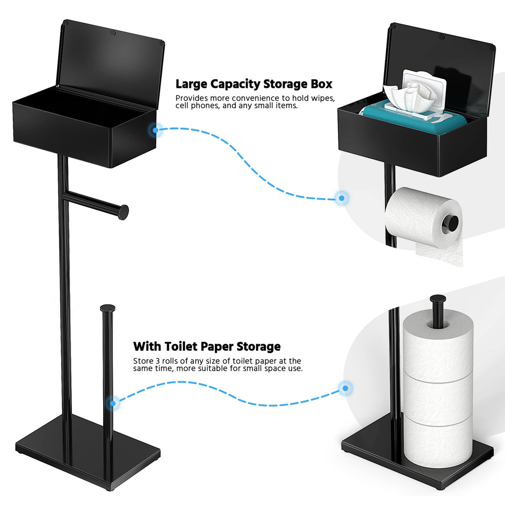 CISILY Black Toilet Paper Holder Stand with Phone Shelf, Bathroom Toliet Decor Decoration. Tissue Roll Free Standing Storage, Rv Accessories, Apartment Restroom Household Home Essentials