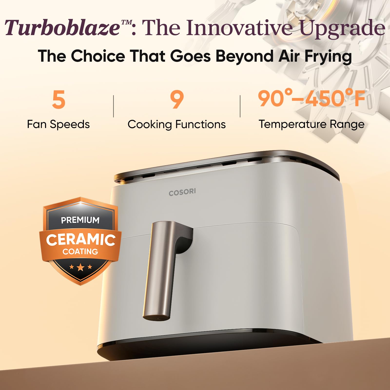 Cosori 9-in-1 TurboBlaze Air Fryer 6 Qt, PFAS-Free Ceramic Coating, 90°–450°F, Precise Heating for Even Results, Air Fry, Roast, Bake, Broil, Dry, Frozen, Proof, Reheat, Keep Warm, 120V, Dark Gray