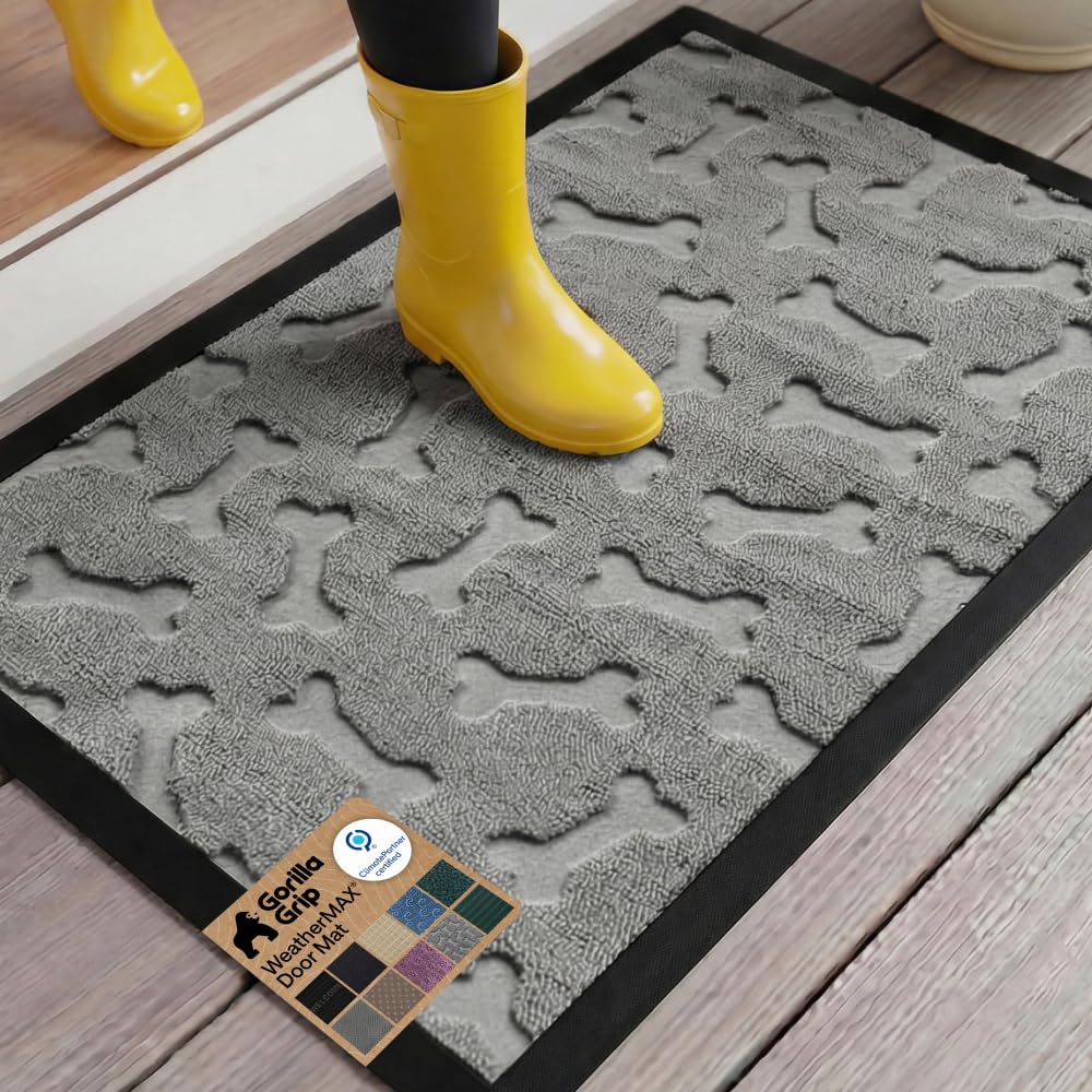 GORILLA GRIP 100% Waterproof All-Season WeatherMAX Doormat US Designed Natural Rubber, Stain Fade Resistant, Low Profile Indoor Outdoor Front Door Mats Outside Entrance, Easy Clean 29x17 Gray Diamond