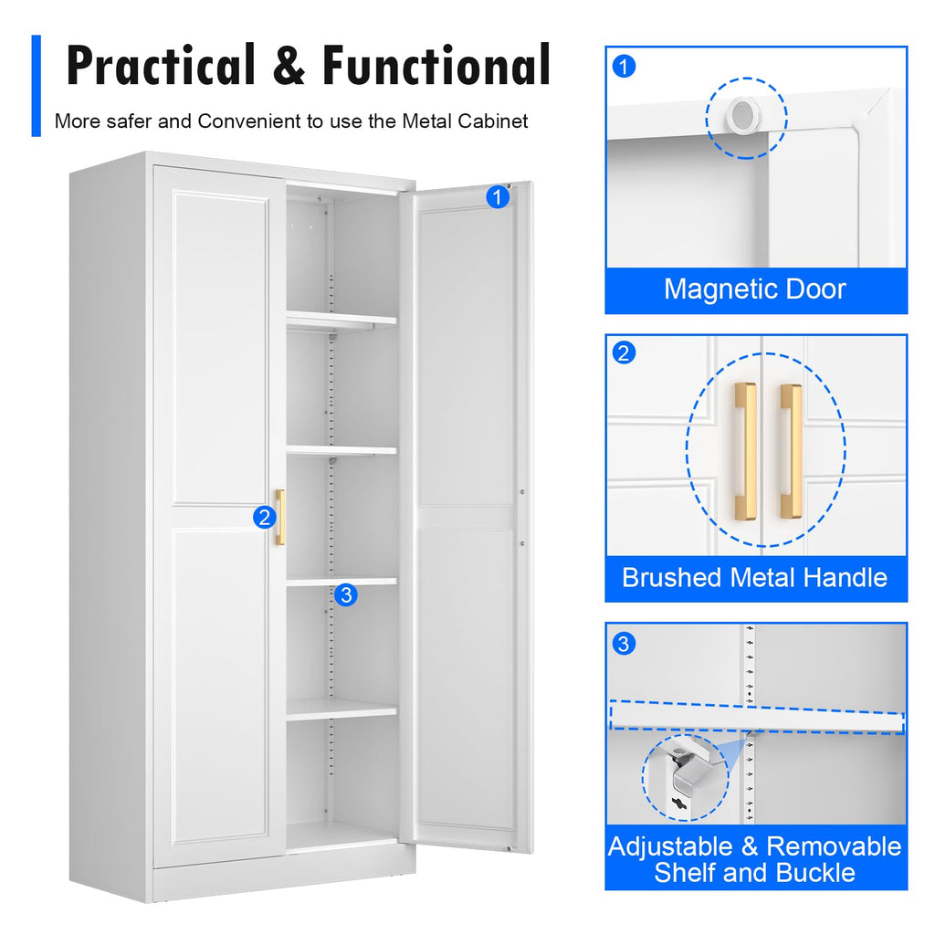 Polup White Kitchen Pantry Cabinet, 71 Inch Tall Metal Storage Cabinet with Doors and Shelves, Pantry Cabinets for Kitchen Storage, Freestanding Cupboard for Living, Dining Room, Assemble Required