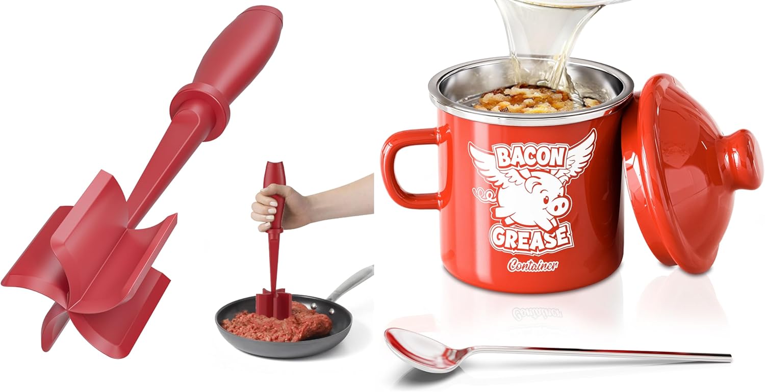 Red Meat Chopper And 15OZ Red Bacon Grease Container