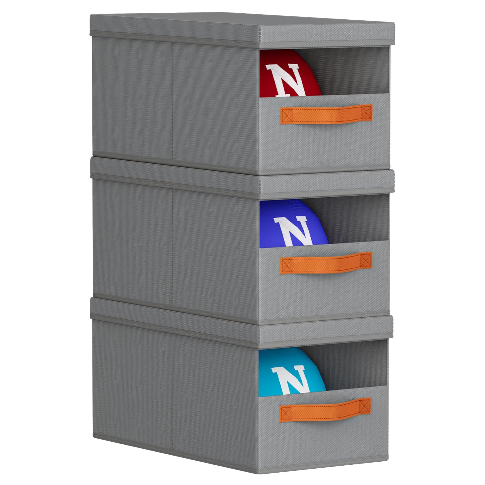 Homsorout Hat Organizer for Baseball Caps - 3 Pack Stackable Foldable Protective Lids Hat Storage Box with Clear Window Baseball cap organizer for Closet, Bedroom, Rv, Grey