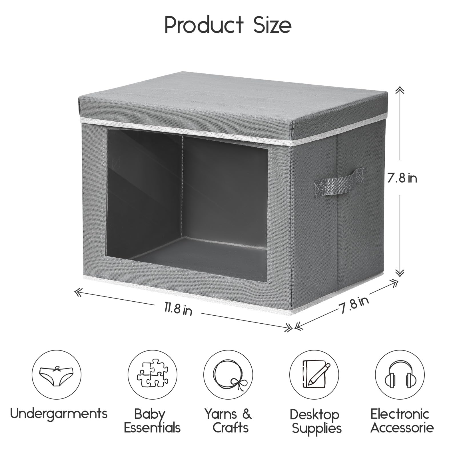 Homsorout Storage Bins with Lids - Fabric Storage Boxe with Window, Collapsible Closet Organizers with Handles, 3 Pack Decorative Bin, Home Cubes Baskets for Clothes, Hat, Books, Dark Grey
