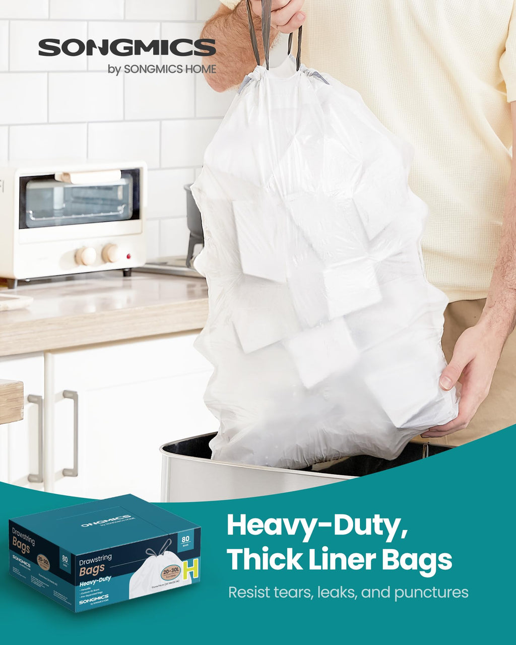 SONGMICS Trash Bags for 8-Gallon (30 L) Trash Cans, Drawstring Kitchen Garbage Bags, Pre-Separated, Liner Code 30A, 2 Rolls, 90 Count, White UKRB30A02