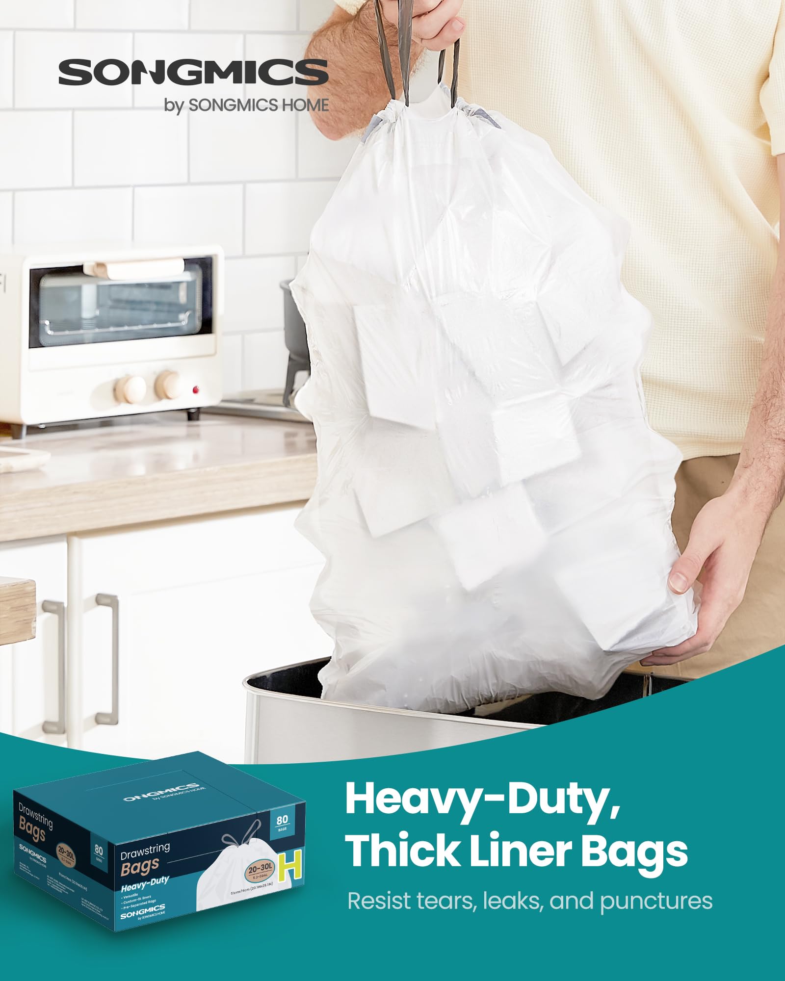 SONGMICS Trash Bags for 8-Gallon (30 L) Trash Cans, Drawstring Kitchen Garbage Bags, Pre-Separated, Liner Code 30A, 2 Rolls, 90 Count, White UKRB30A02