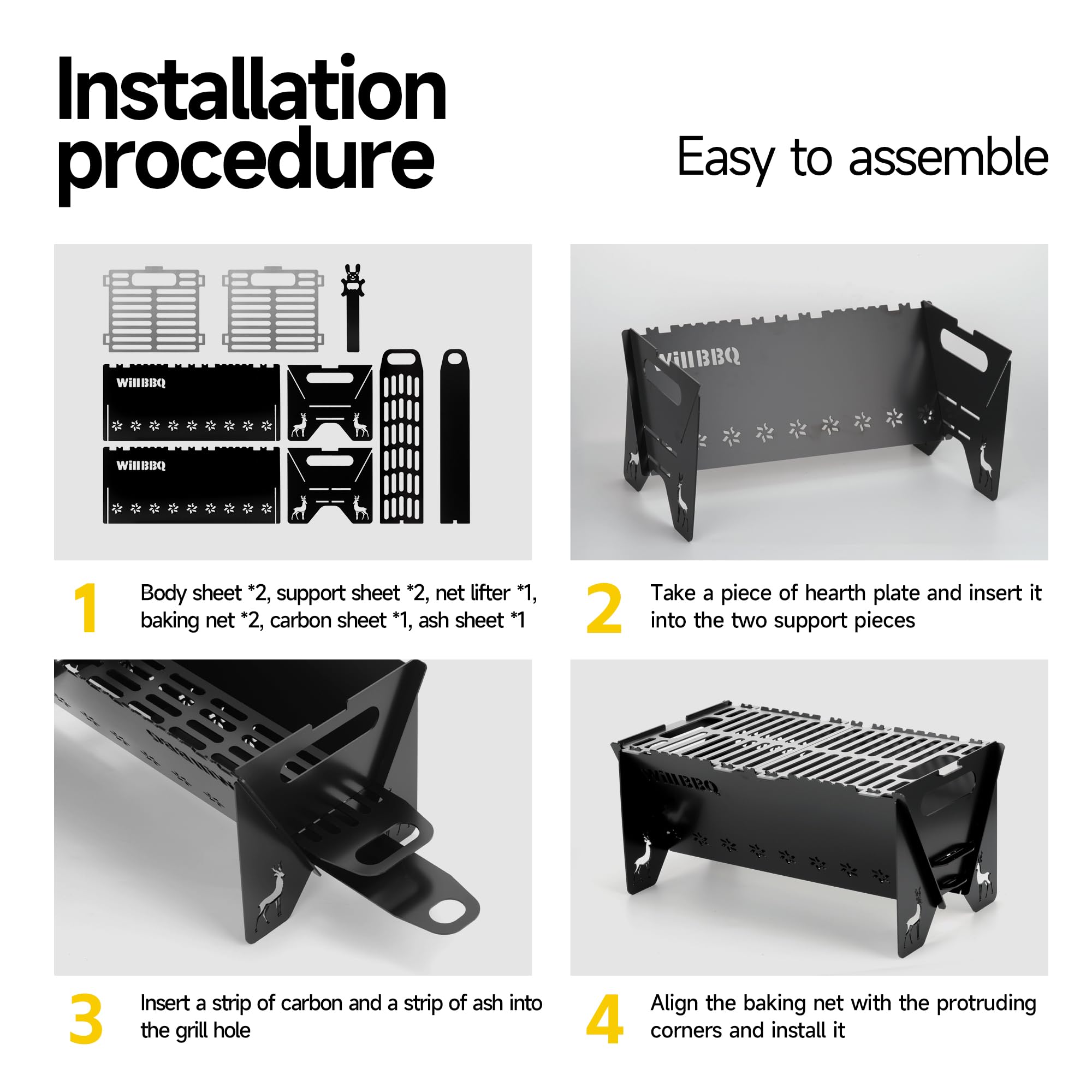 WILLBBQ Charcoal Grills Quality Portable Detachable Folding,Skewers Campfire Grill,Hibachi Backpacking BBQ Grill,Easy Portability For Outdoor Barbecues Camping Picnics Garden Party(15.8x8.5x7.5 inch)