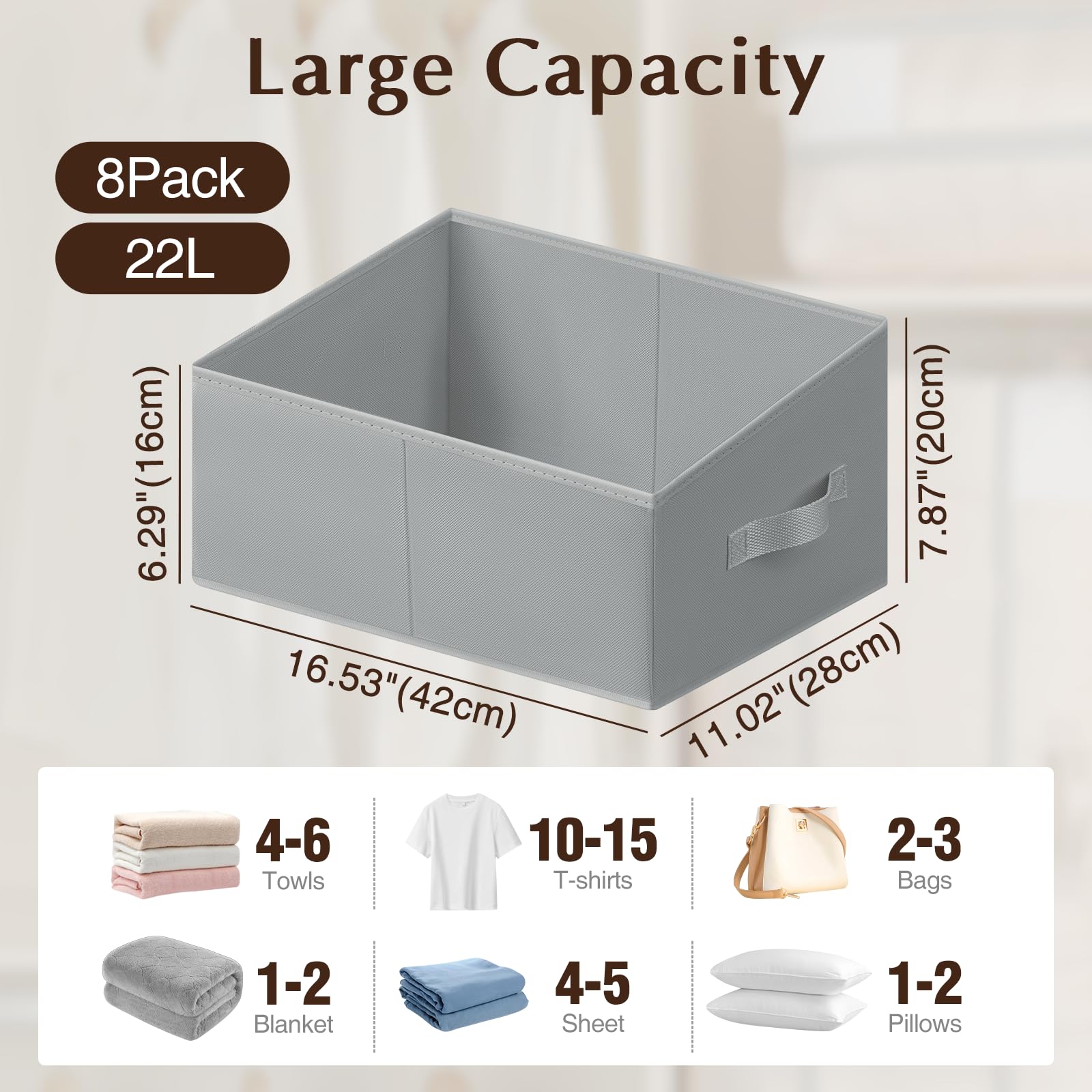 Homsorout Storage Bins Cube Storage Organizer - 8 Pack Fabric Trapezoid Storage Cubes for Bins and Baskets for Shelves Collapsible Non-Separating Trapezoidal Flared Cube Organizer, Light Gray