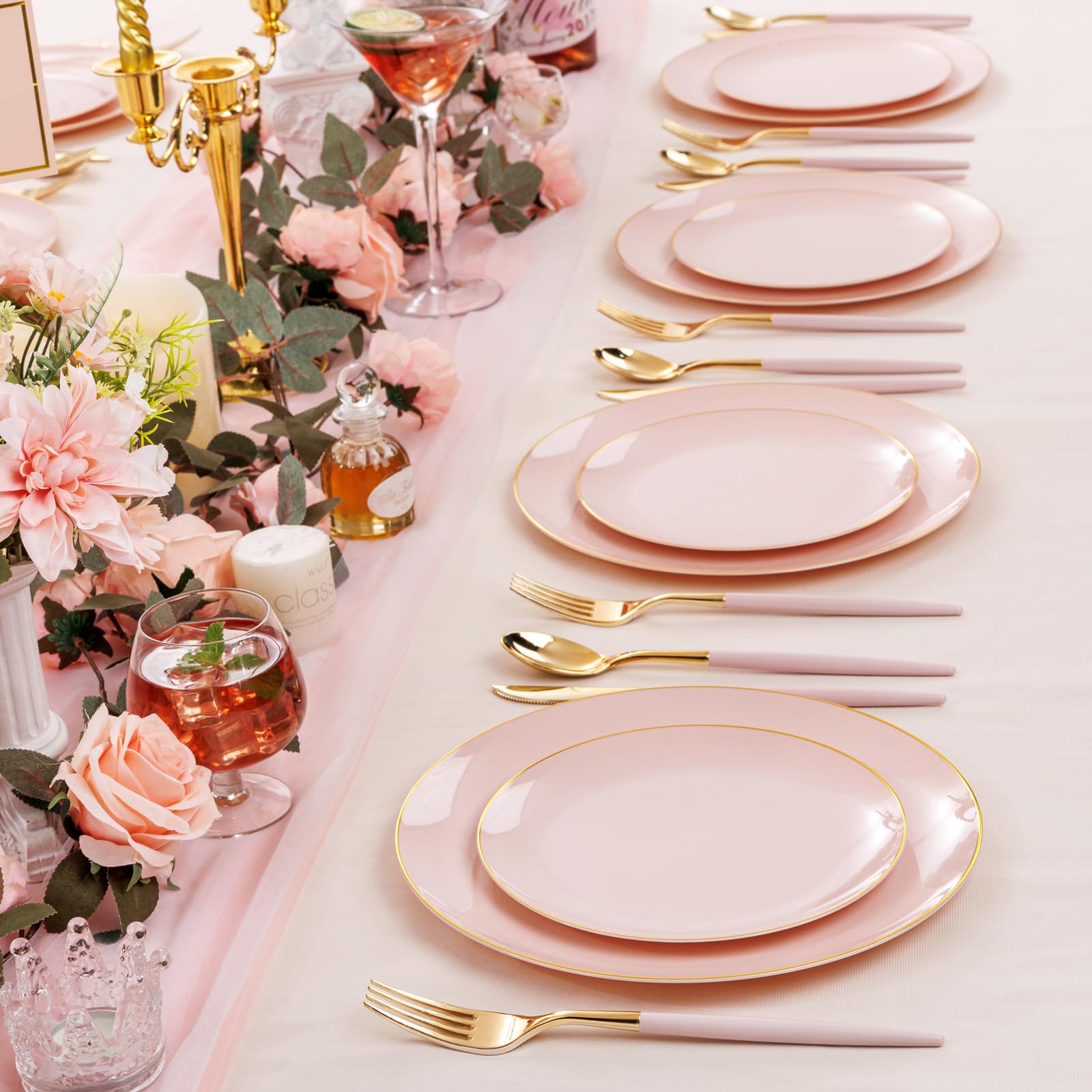 DaYammi 150Pcs Gold Plastic Plates with Disposable Silverware,White Gold Disposable Dinnerware Set - 30 Dinner Plate,30 Dessert Plate,90 Gold Cutlery with White Handles,Fancy Plates for Party Wedding