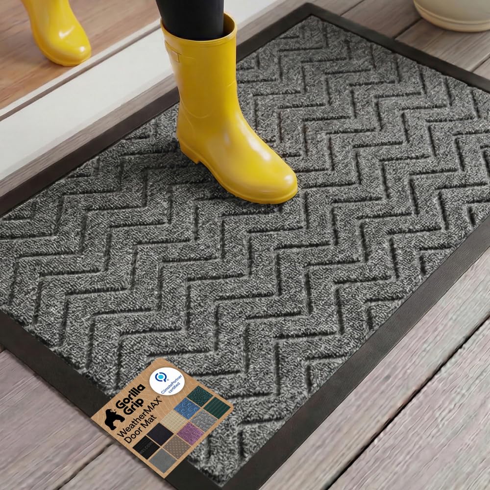 GORILLA GRIP 100% Waterproof All-Season WeatherMAX Doormat US Designed Natural Rubber, Stain Fade Resistant, Low Profile Indoor Outdoor Front Door Mats Outside Entrance, Easy Clean 29x17 Gray Diamond