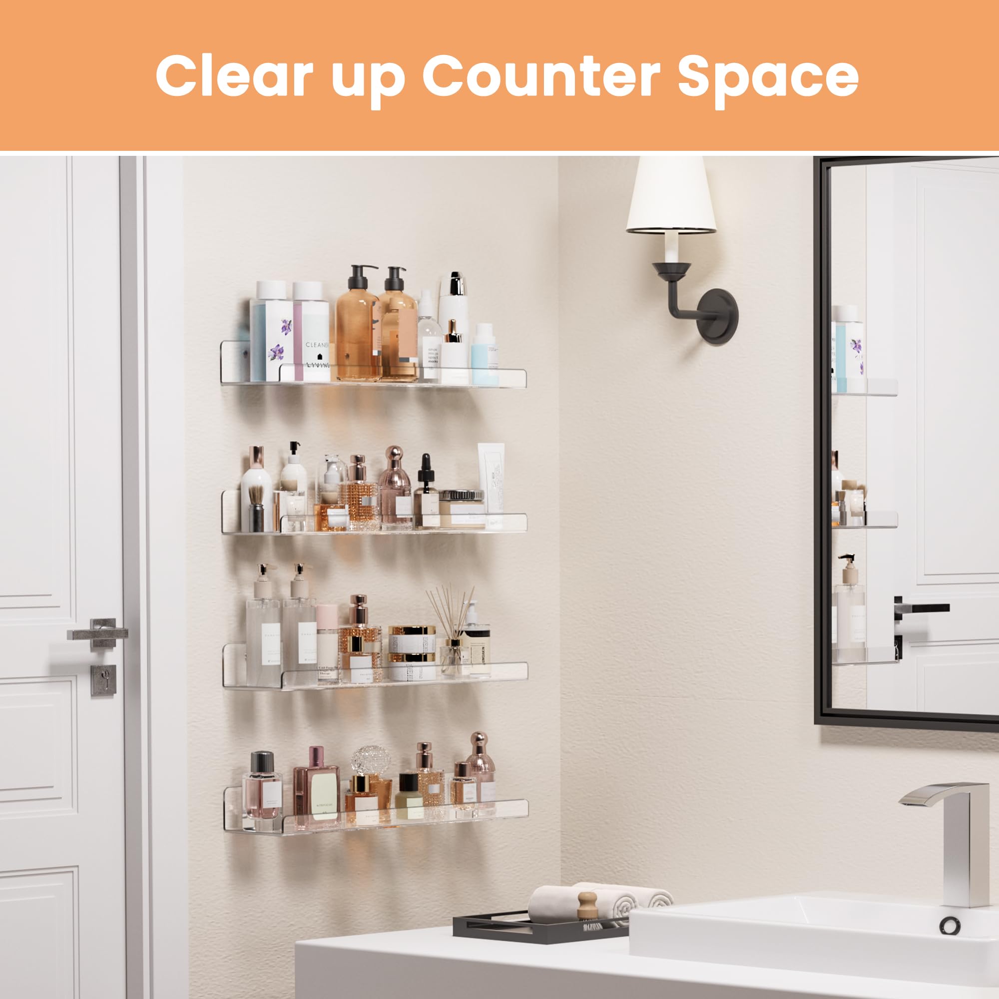 upsimples Acrylic Shelves for Bathroom Storage, 15" Floating Shelves Wall Organizer for Perfume, Make up, Skincare, Kids Bookshelf for Bedroom, Nursery, Living Room Decor, Clear, 4 Pack
