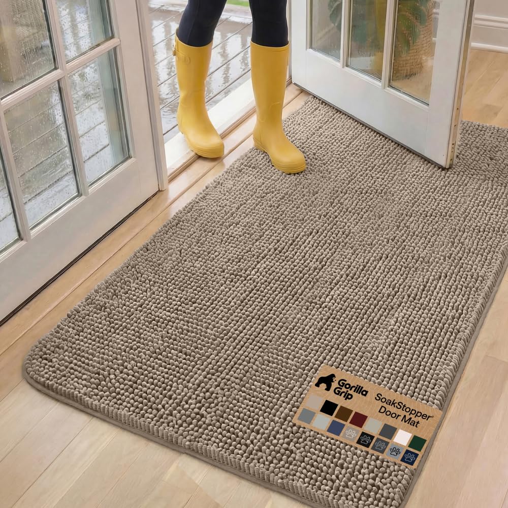 GORILLA GRIP SoakSTOPPER Dog Door Mat, Machine Washable Rug Absorbent Doormat Captures Moisture Mud Dirt, Quick Dry Soft Chenille Entryway Rugs Indoor Entrance Mats for Dog Paws, 24x17 Grey