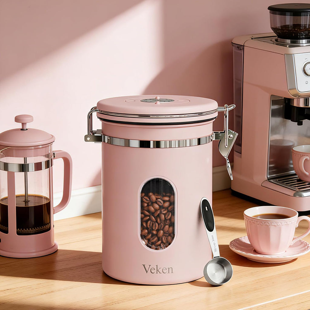 Veken Coffee Canister with Window,Airtight Stainless Steel Kitchen Food Storage Container, Date Tracker & Scoop for Grounds Coffee, Beans, Tea,Flour,Cereal,Sugar,22OZ,Copper