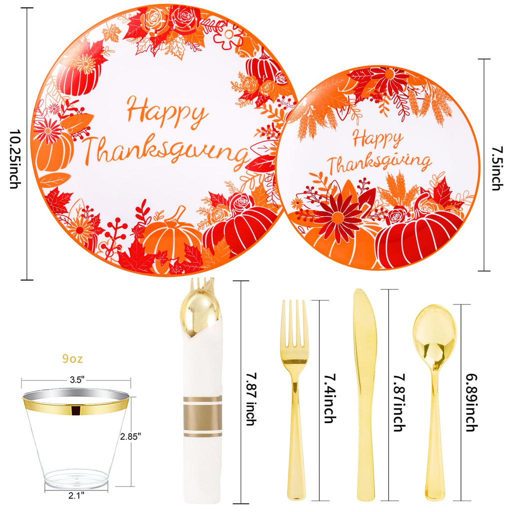 DaYammi 210Pcs White Gold Plastic Plates for Party,Gold Disposable Dinnerware Set Includes 60 gold Floral Plates,30 Plastic Silverware,30 Per Rolled Napkins,30 Cups for Mother's Day Party Wedding