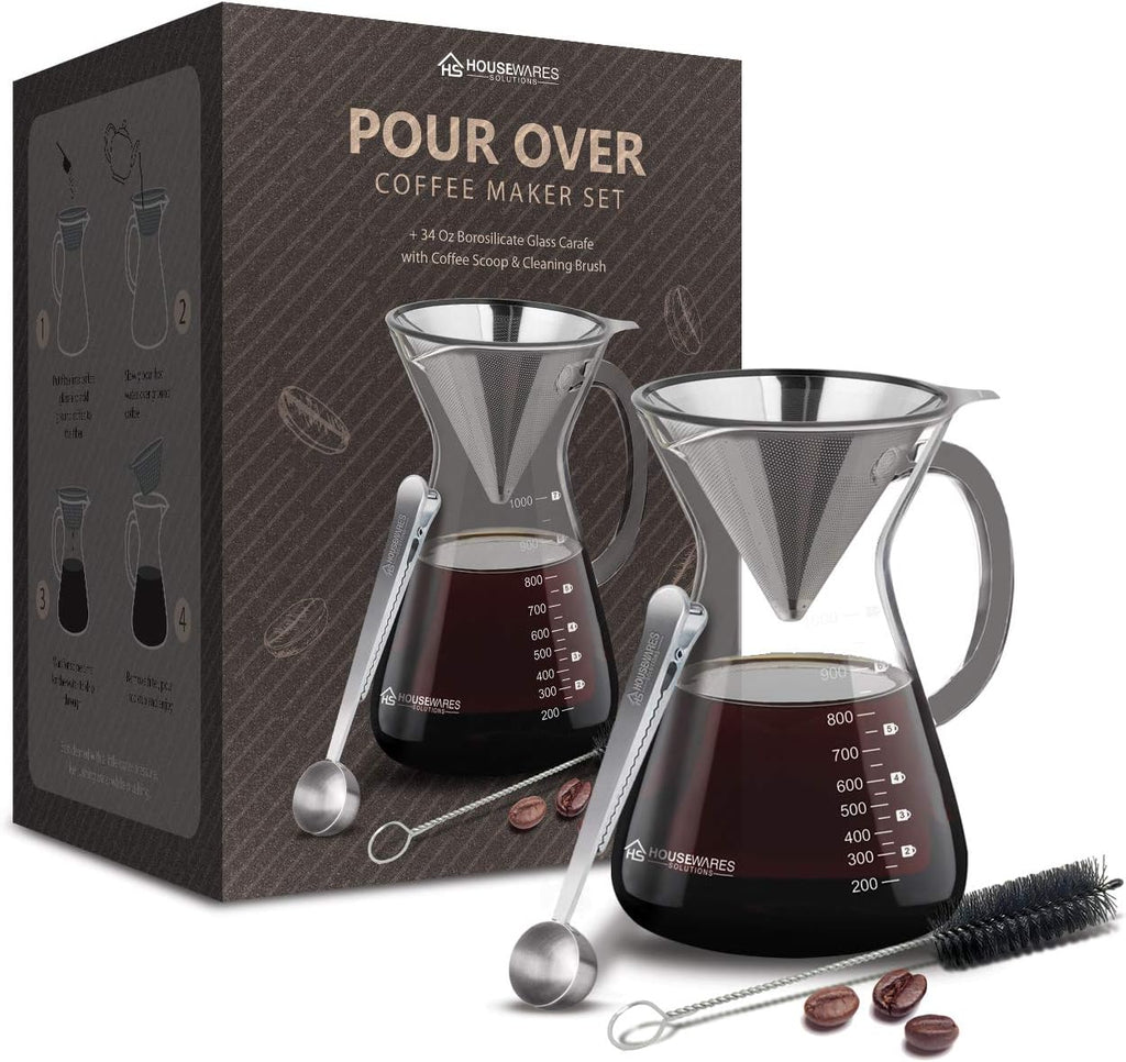 Pour Over Coffee Maker Set - 34 oz Large Borosilicate Glass Carafe, Thickened Rust Resistant Heat Resistant Double-Layer Stainless Steel Dripper/Filter with Coffee Scoop and Cleaning Brush