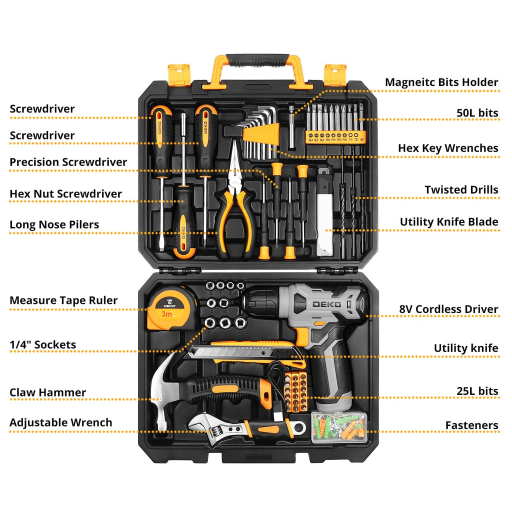 DEKOPRO Tool Set：Tool Kit with 8V Cordless Drill,Tool Box with Drill,Hand Drill Set for Men & Women,Home Tool Kits for House Repair,Handyman,DIY 126 Piece
