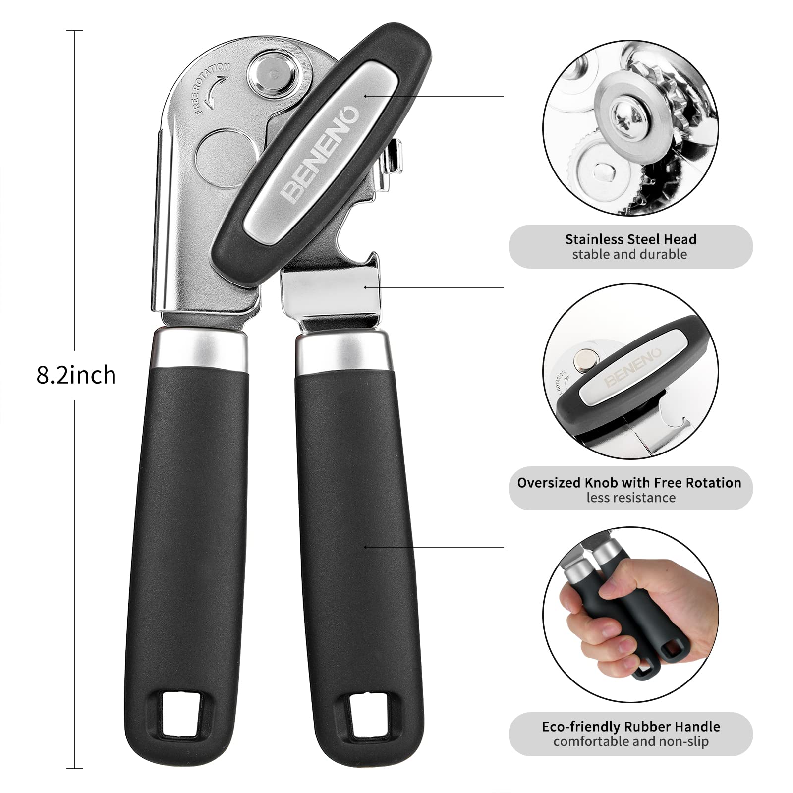 Beneno Heavy Duty Hand Can Opener Manual with Magnet, Durable Sharp Carbon Steel Blade Smooth Cutting, Big Effort-Saving Knob & Soft Grip Handle, Multifunctional Kitchen Tool with Bottle Opener, Green