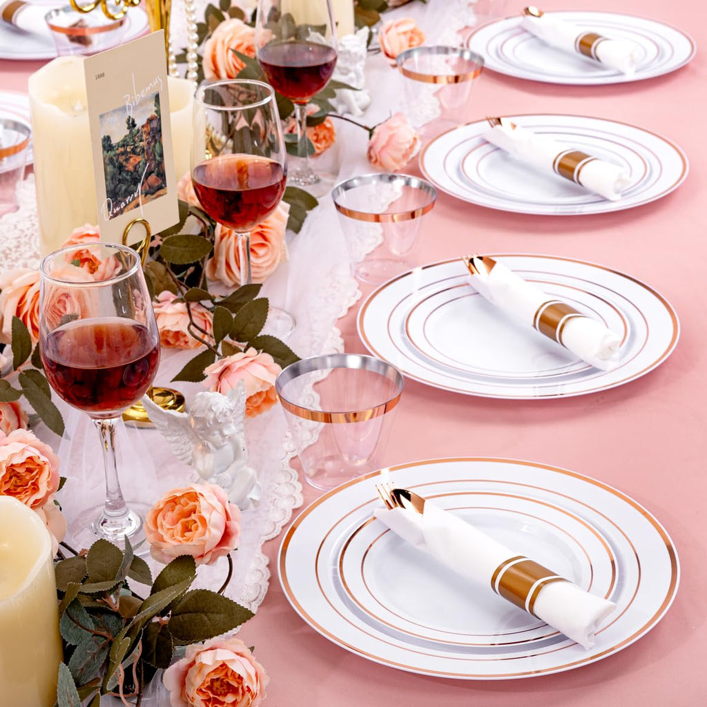 DaYammi 350PCS Gold Plastic Dinnerware Set for 50 Guests, Fancy Disposable Plates for Party, Include: 50 Dinner Plates, 50 Dessert Plates, 50 Pre Rolled Napkins with Gold Silverware, 50 Cups