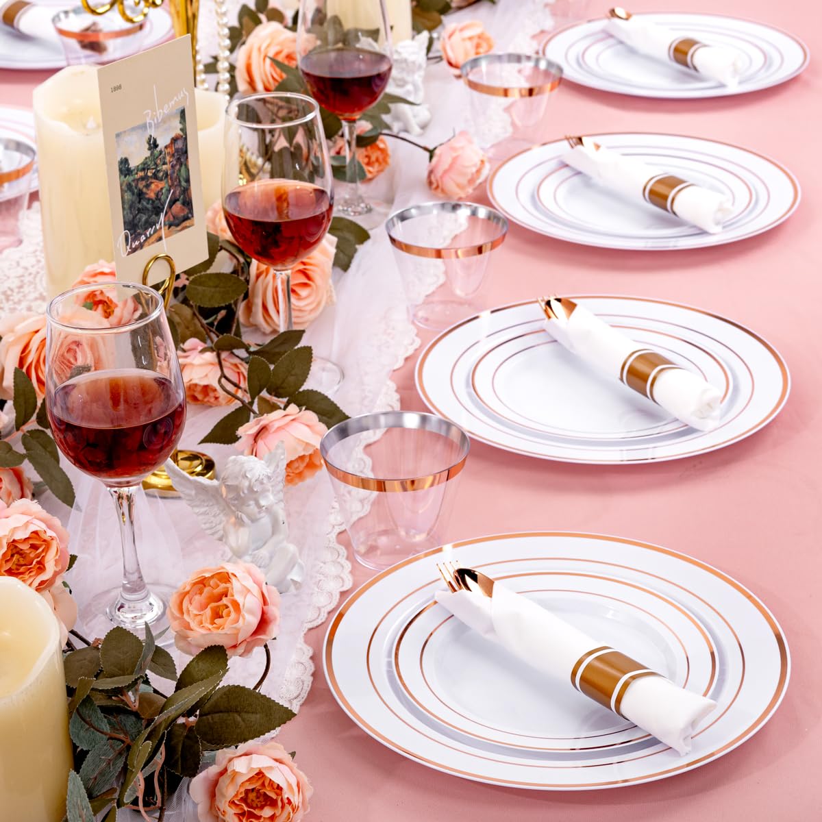 DaYammi 350PCS Gold Plastic Dinnerware Set for 50 Guests, Fancy Disposable Plates for Party, Include: 50 Dinner Plates, 50 Dessert Plates, 50 Pre Rolled Napkins with Gold Silverware, 50 Cups