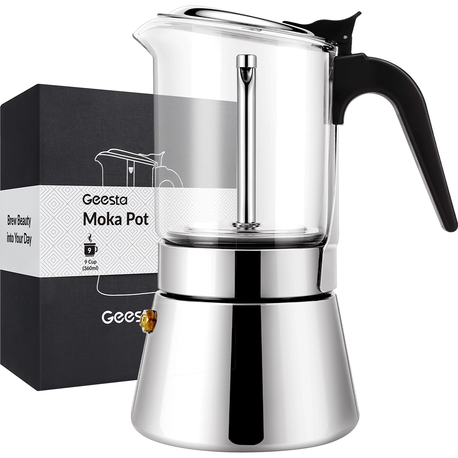 Geesta Premium Crystal Glass-Top Stovetop Espresso Moka Pot - 4/6/ 9 Cups - Stainless Steel Coffee Maker- 240ml/8.5oz/6 cup (espresso cup=40ml)