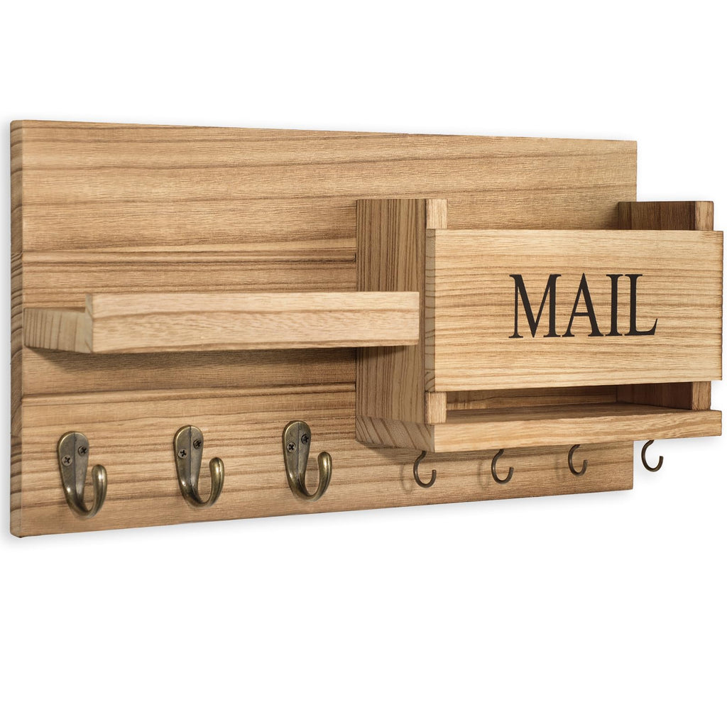 Mail Organizer for Wall Mount – Key Holder with Shelf Includes Letter Holder and Hooks for Hallway Farmhouse Decor – Rustic Wood with Flush Mounting Hardware (16.5” x 9.1” x 3.4”) (White)