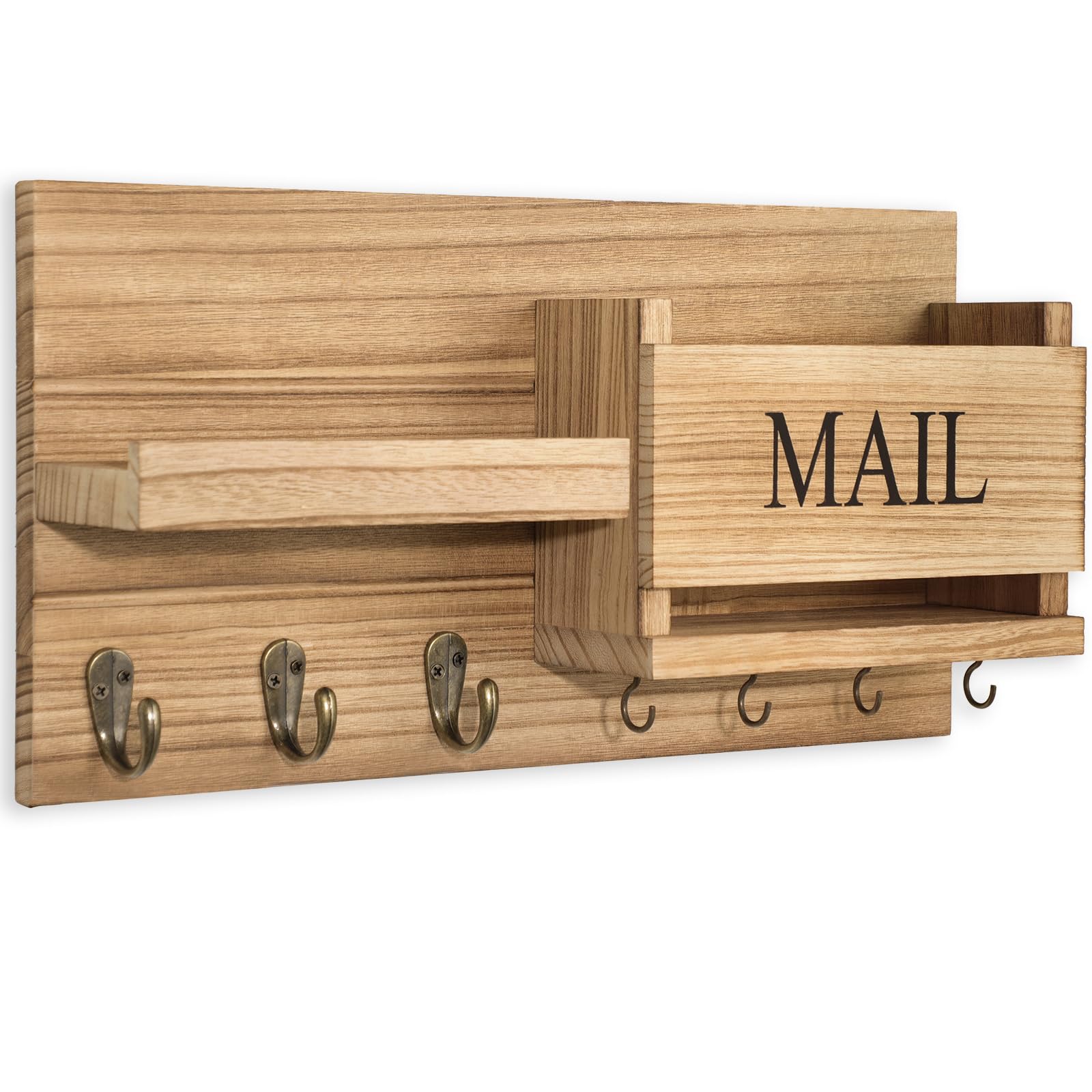 Mail Organizer for Wall Mount – Key Holder with Shelf Includes Letter Holder and Hooks for Hallway Farmhouse Decor – Rustic Wood with Flush Mounting Hardware (16.5” x 9.1” x 3.4”) (White)