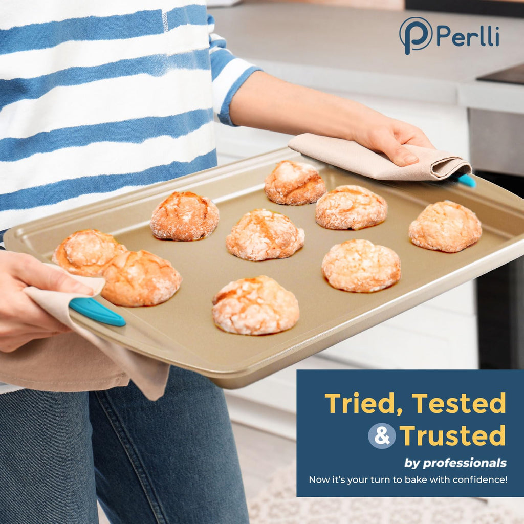 Perlli Baking Kit: Nonstick Gold Steel Oven Set - 10 Pieces, Cookie Sheets, Cake Pans, 9x13Pan with Lid, Loaf & Deep Pans, Pizza Crisper, Muffin Pan - Silicone Handles
