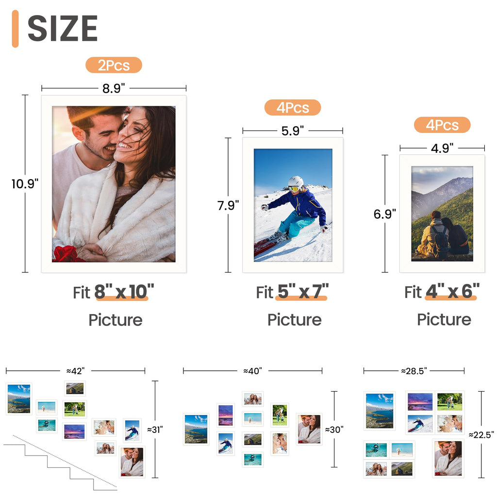 upsimples 10 Pack Picture Frames Collage Wall Decor for Mounting or Tabletop Display, Photo Gallery Frame Set for Family, Multi Sizes Including 8x10, 5x7, 4x6, Black