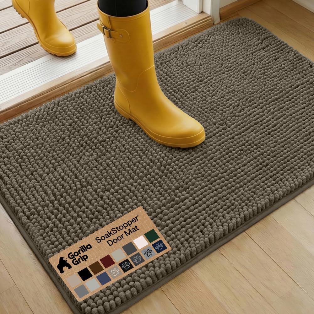 GORILLA GRIP SoakSTOPPER Dog Door Mat, Machine Washable Rug Absorbent Doormat Captures Moisture Mud Dirt, Quick Dry Soft Chenille Entryway Rugs Indoor Entrance Mats for Dog Paws, 24x17 Grey