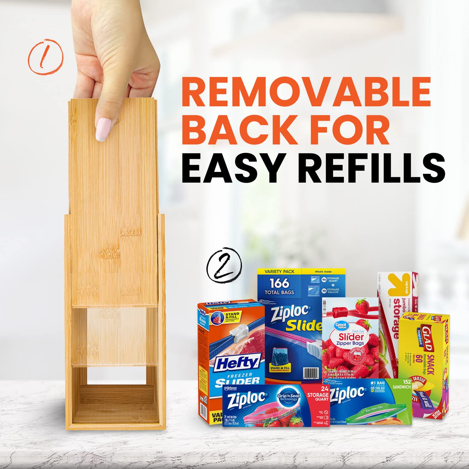 mHomeBilt Bag Storage Organizer - Bamboo Food Plastic Baggie Holder, Dispenser, and Container for Kitchen Drawer - Fits Major Brand's Gallon, Quart, Sandwich & Snack Sized Slider Bags (Black)