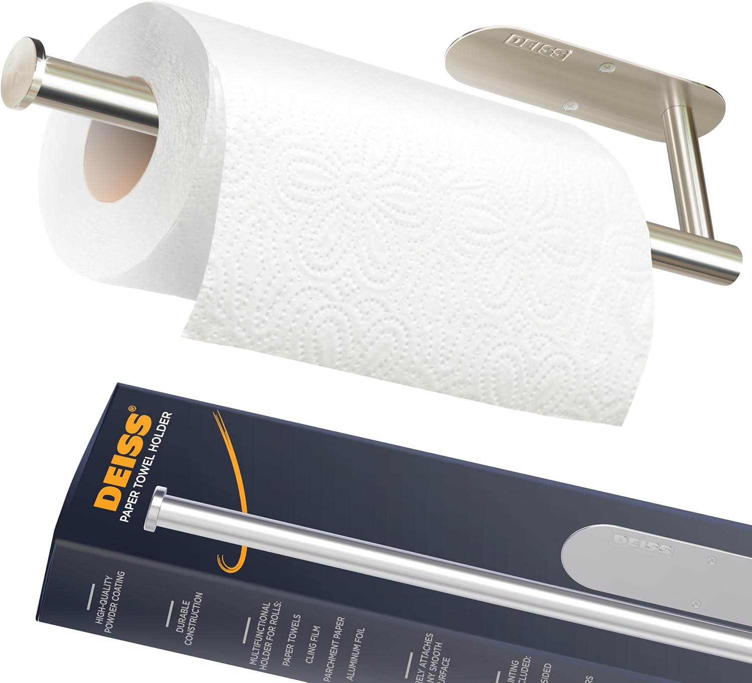 Deiss Pro Paper Towel Holder – Under Cabinet, Wall Mount, or Countertop – Rust-Resistant Stainless Steel, One-Handed Tear Design, Space-Saving Paper Towel Dispenser, Towel Holder for Kitchen