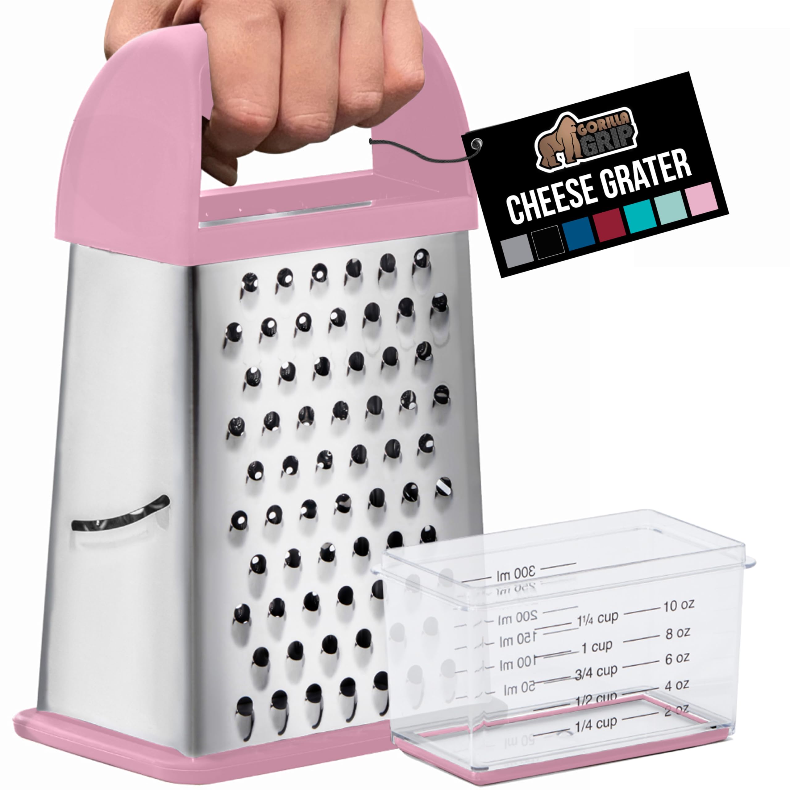 GORILLA GRIP 4-Sided Stainless Steel Cheese Grater With Container, 100% BPA-Free Box Grater, Slip Resistant Base and Handle, Grate Parmesan, Hard Cheeses, Shred Vegetables, Dishwasher Safe, Black