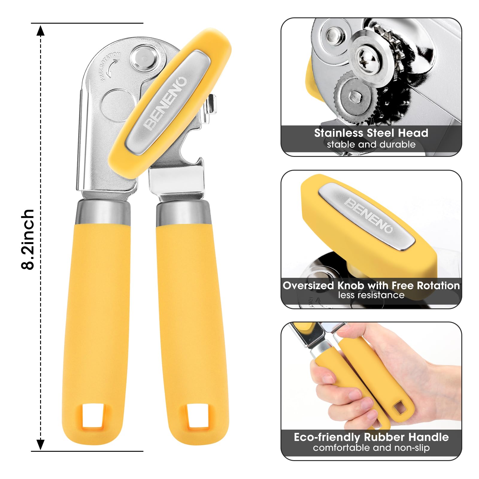 Beneno Heavy Duty Hand Can Opener Manual with Magnet, Durable Sharp Carbon Steel Blade Smooth Cutting, Big Effort-Saving Knob & Soft Grip Handle, Multifunctional Kitchen Tool with Bottle Opener, Green