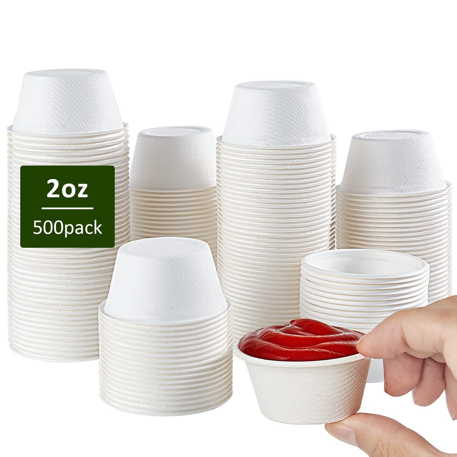 Vplus 500 Pack 2 OZ Disposable Souffle Cups, 100% Compostable Portion Cups, Made From Bagasse Fibe, Perfect For Dips, Food Sample, Jams, Honey, Sauces, Nuts