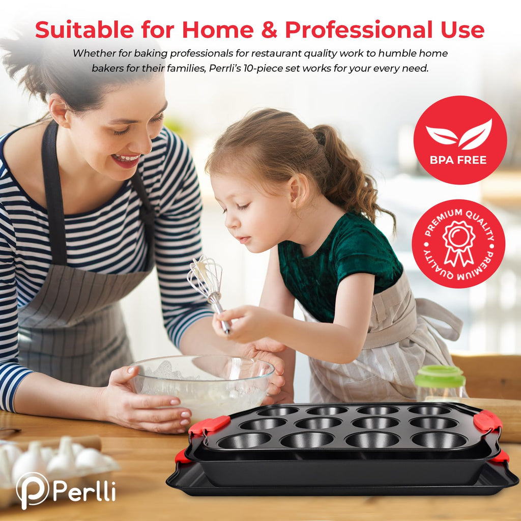 PERLLI Non-Stick 6-Piece Baking Pan Set, BPA-Free Carbon Steel Bakeware Set with Silicone Handles, Stackable Kitchen Oven Set, Cookie Sheet, Baking Tray, Baking Sheet Set, Oven Safe (446°F)