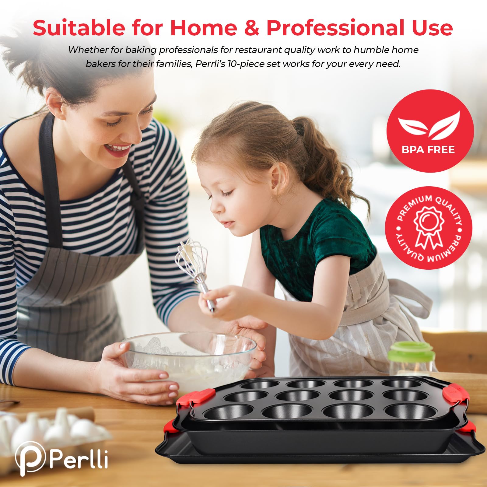 PERLLI Non-Stick 6-Piece Baking Pan Set, BPA-Free Carbon Steel Bakeware Set with Silicone Handles, Stackable Kitchen Oven Set, Cookie Sheet, Baking Tray, Baking Sheet Set, Oven Safe (446°F)
