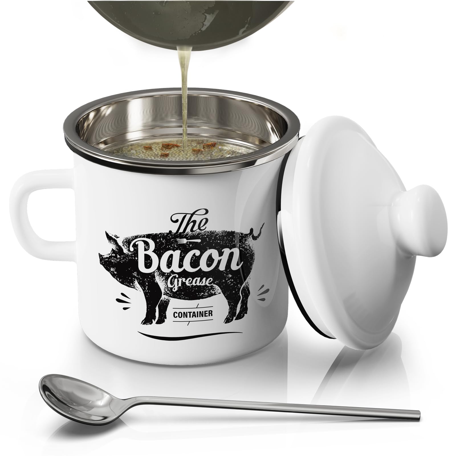PGYARD Mini Bacon Grease Container With Strainer - 15OZ Enamel Grease Saver, Farmhouse Bacon Grease Keeper For Kitchen Fat Storage, Dishwasher Safe-Red