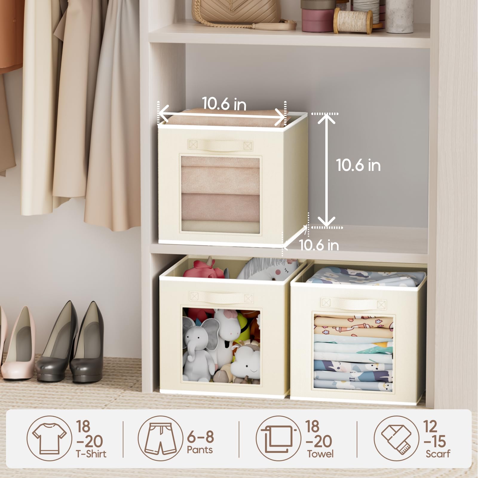 Homsorout Storage Cube 11 Inch - Cube Storage Bins with Window, Closet Storage Baskets with Handle, Fabric Bins for Closet, Shelves, Toys, Clothes, Set of 6, Grey