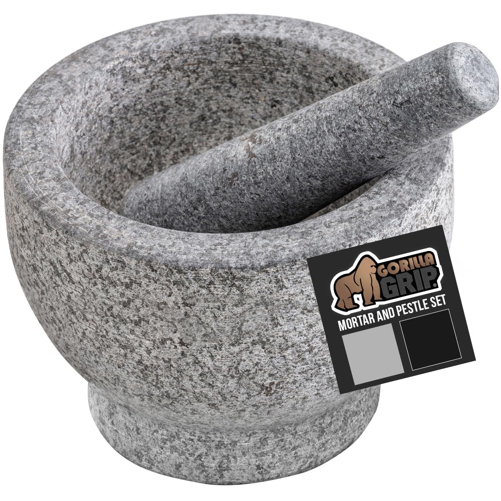 GORILLA GRIP Heavy Duty Mortar and Pestle Set with Slip Resistant Base, 100% Granite Stone Molcajete Guacamole Bowl, Grind Seeds, Garlic, Herb, Kitchen Muddler, Essentials for Chefs, 1.5 Cup Gray