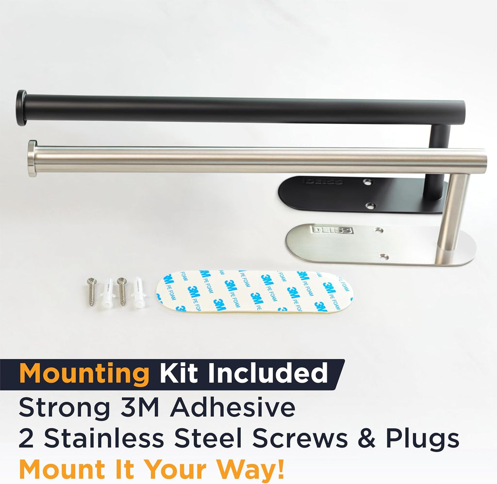 Deiss Pro Paper Towel Holder – Under Cabinet, Wall Mount, or Countertop – Rust-Resistant Stainless Steel, One-Handed Tear Design, Space-Saving Paper Towel Dispenser, Towel Holder for Kitchen