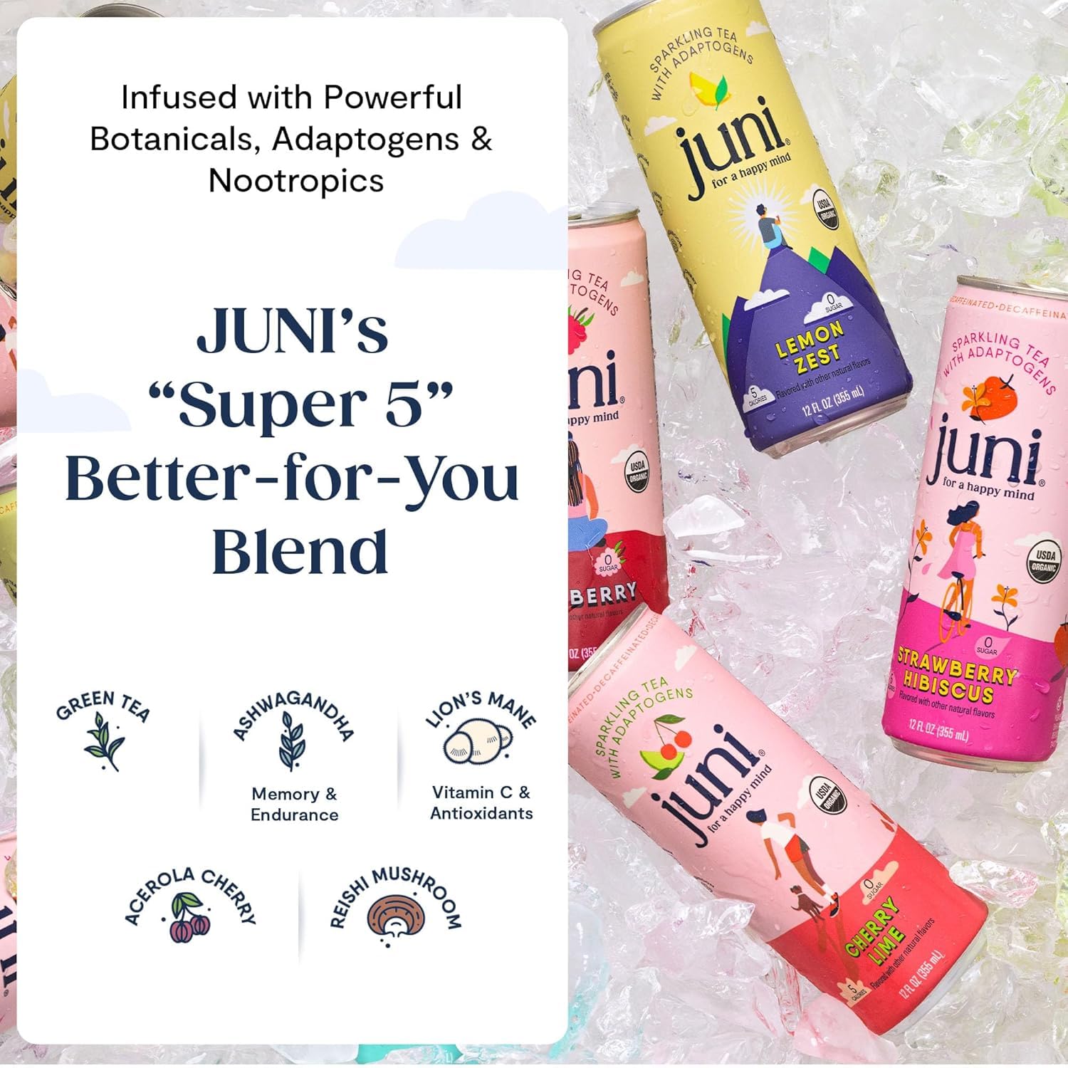 Juni Sparkling Adaptogen Drinks with Ashwagandha, Lion's Mane & Reishi Mushrooms, Non Alcoholic Mocktails, Decaffeinated Bundle, 24 Pack
