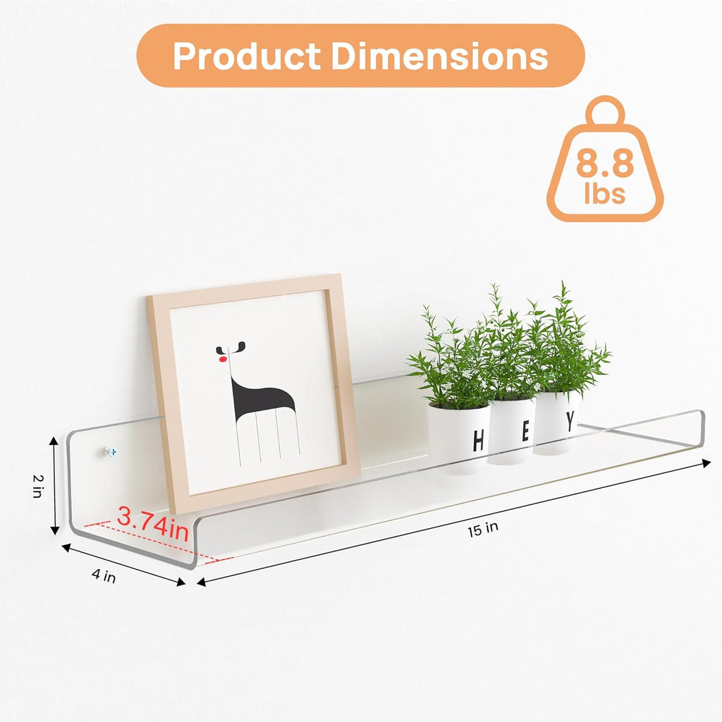upsimples 6 Pack Acrylic Shelves for Wall Storage, 15" x 4“ Floating Bookshelves for Kids, Display Shelf Organizer for Bathroom, Bedroom, Living Room, Kitchen, Room Decor, Clear