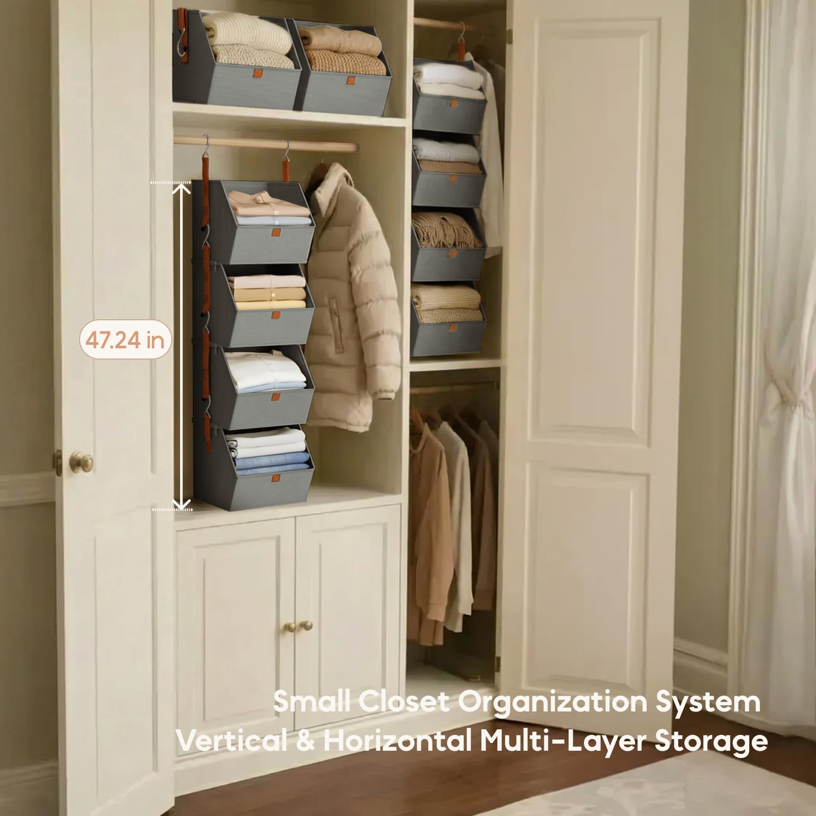 Homsorout Hanging Closet Organizer 4 Tier - Clothes Hanging Shelves, Space-Saving Closet System, Fabric Storage Bins Bedroom Organization, Collapsible Baskets for Home, Dorm, Rv, Beige