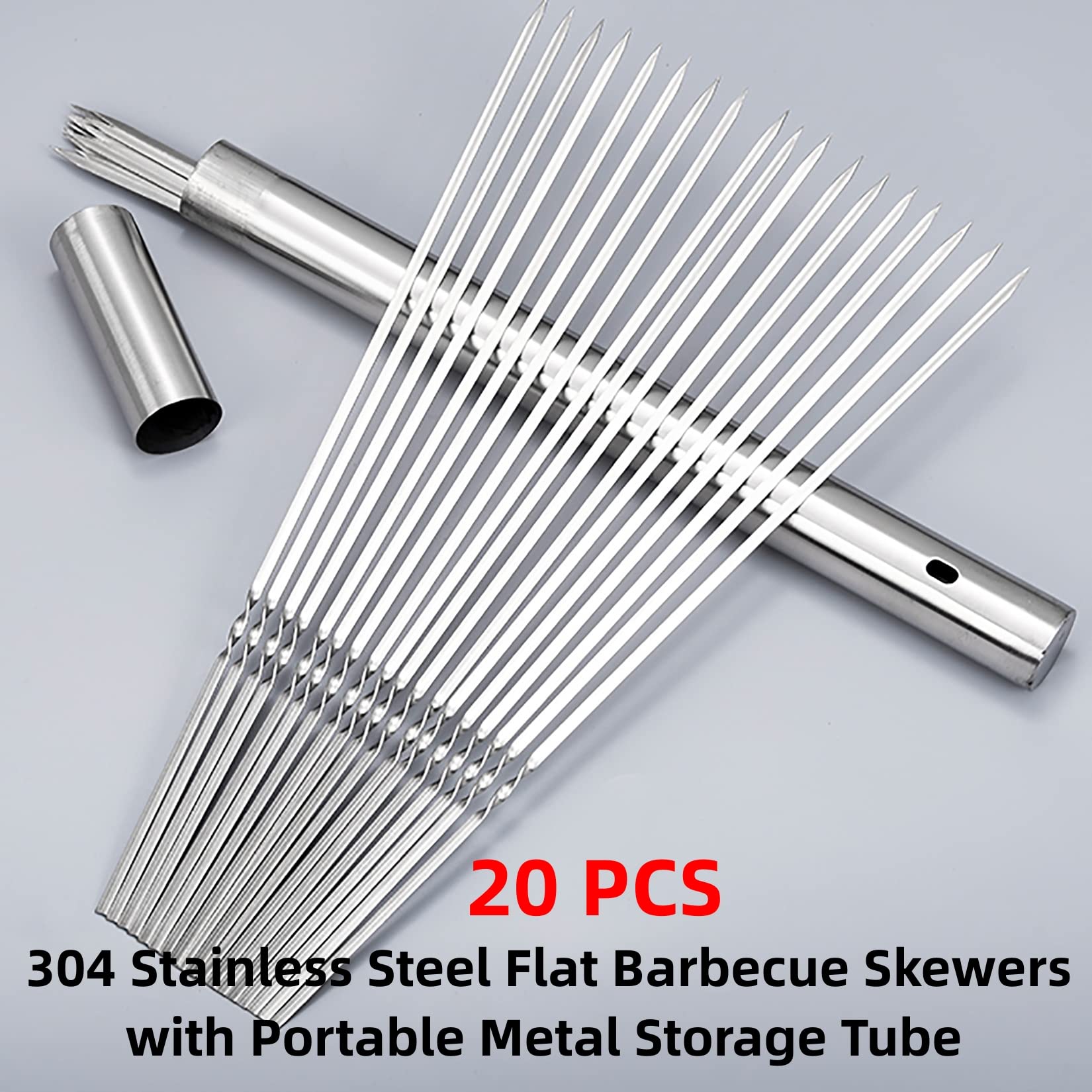 WILLBBQ 304 Stainless Steel 13.2" Long Flat Barbecue Skewers,20PCS/40PCS BBQ Kebab Skewers with Portable Metal Storage Tube,Reusable for Grilling Barbecue Kitchen Party and Outdoor Cooking (20PCS)