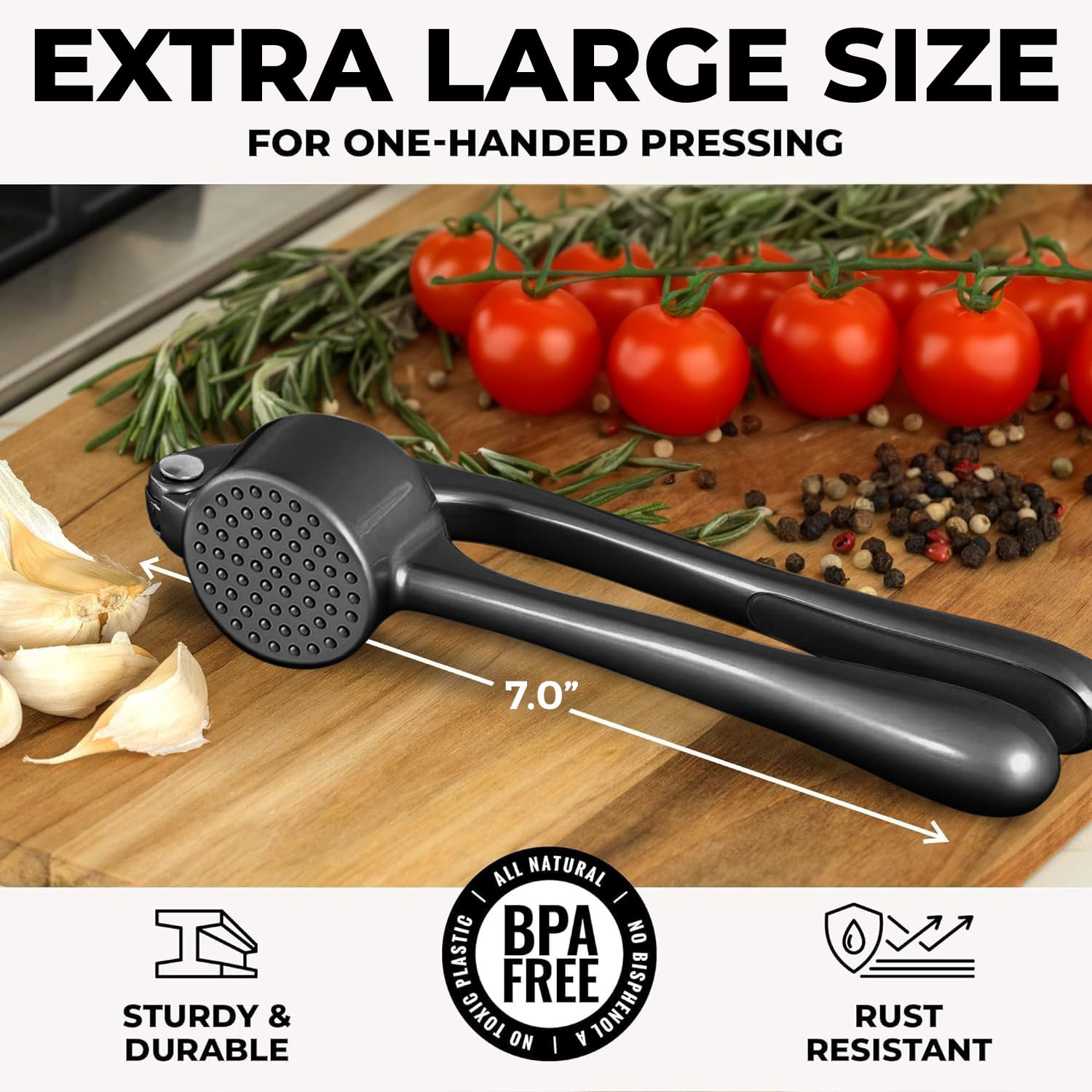 Zulay Kitchen Premium Garlic Press Set - Rust Proof Professional Garlic Mincer Tool - Easy-Squeeze, Easy-Clean with Soft, Ergonomic Handle - Silicone Garlic Peeler & Brush (Silver)